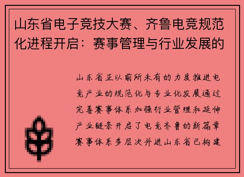 山东省电子竞技大赛、齐鲁电竞规范化进程开启：赛事管理与行业发展的新篇章