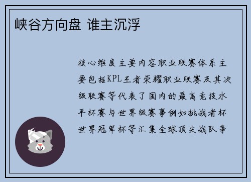 峡谷方向盘 谁主沉浮